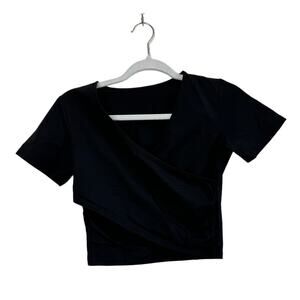 Black Cross Over Crop Top Halter Y2K Faux Wrap Short Sleeve XS